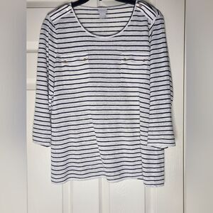 Chico's 2/L 100%LINEN WhiteBlue ScoopNeck StripedShoulderStrapsPockets Women Top